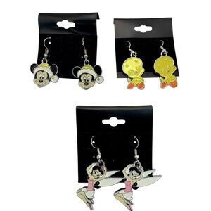Disney Mickey, Tweety, and Tinker Bell Earrings - Black, Yellow, Pink